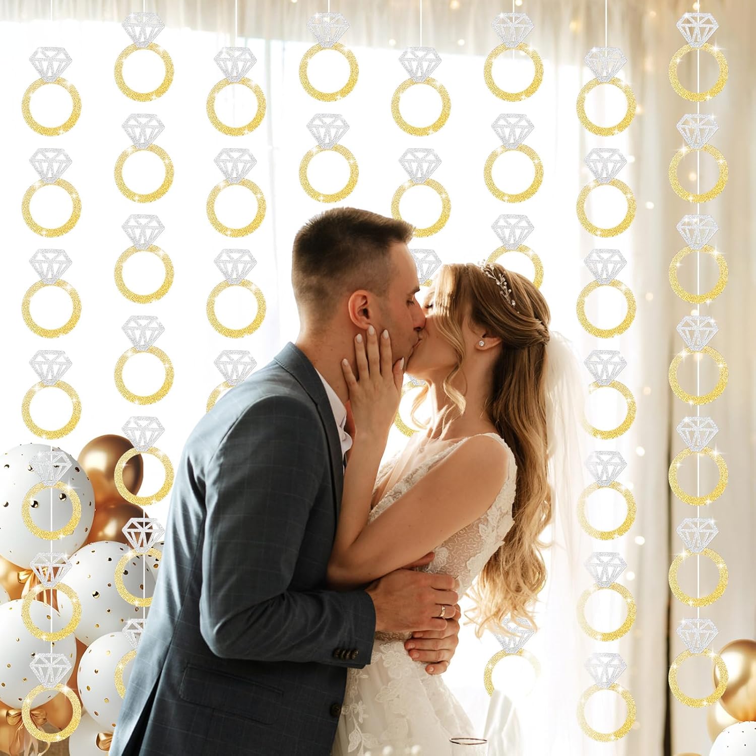 Pajean 8 Pcs Bachelorette Party Decorations Glitter Gold and Silver Diamond Ring Banner Engagement Party Decorations Bachelor Hanging Streamers for Bride to Be Decor Bridal Shower Photo Props Supplies
