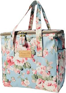 Kwang Min Floral Insulated Lunch Bag for Women,Reusable Lunch Box,Large Cooler for Office,Picnic Outdoors,Premium Waterproof Fabric,Unique Floral Lunch bag (Peony Blue)