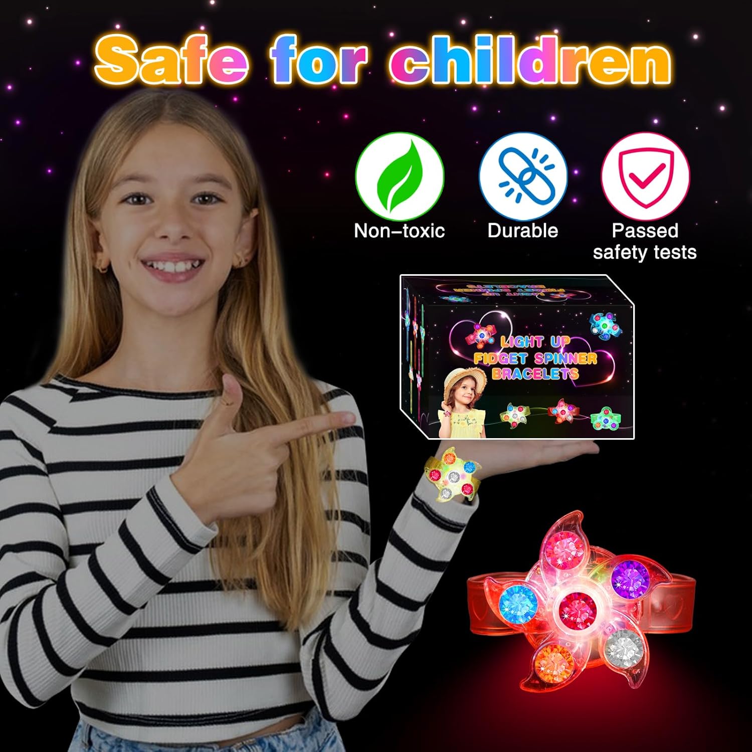 28 Pack LED Light Up Fidget Spinner Bracelets, Halloween Party Favors for Kids 4-8 8-12 Glow in The Dark Party Supplies Treasure Box Toys for Class Birthday Gifts Xmas Stocking Stuffers for Teens