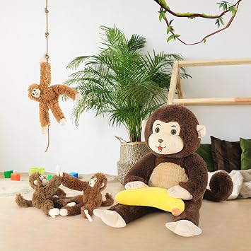 MaoGoLan Giant Monkey Stuffed Animal with Babies, Soft Stuffed Monkey Plush Toy with Banana Gift for Kid Girl Boy, Mom & 3 Small Hanging Babies Plush Set for Birthday Baby Show Christmas Decor
