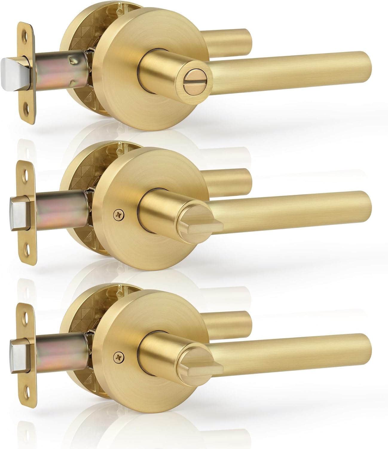 3 Pack Interior Brushed Gold Door Handles Without Key ，Gold Privacy Door Handle, Heavy Duty Round Gold Door Handles forBedroom, Bathroom，Closet,Satin Brass