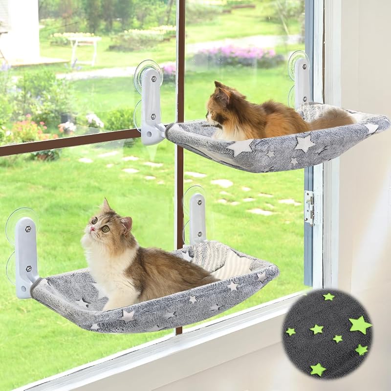 Cama de janela para gatos com tecido que brilha no escuro Zoratoo, dobrável, estrutura metálica, pacote com 2, tamanho M