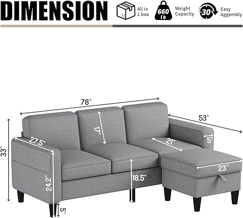 Miniatura 2 de Sofá modular convertible con cama de extracción, en forma de L con diván de almacenamiento, esquina de tela de lino moderna de 3 plazas para sala de