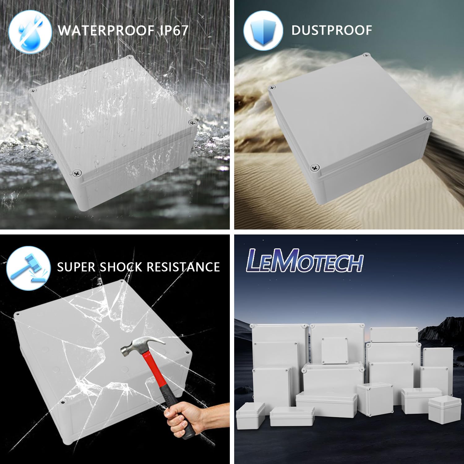 LeMotech Junction Box IP67 Waterproof Dustproof ABS Plastic Project Box for Electrical Outdoor Enclosure Gray 7.9 x 7.9 x 3.7 inch (200 x 200 x 95 mm)