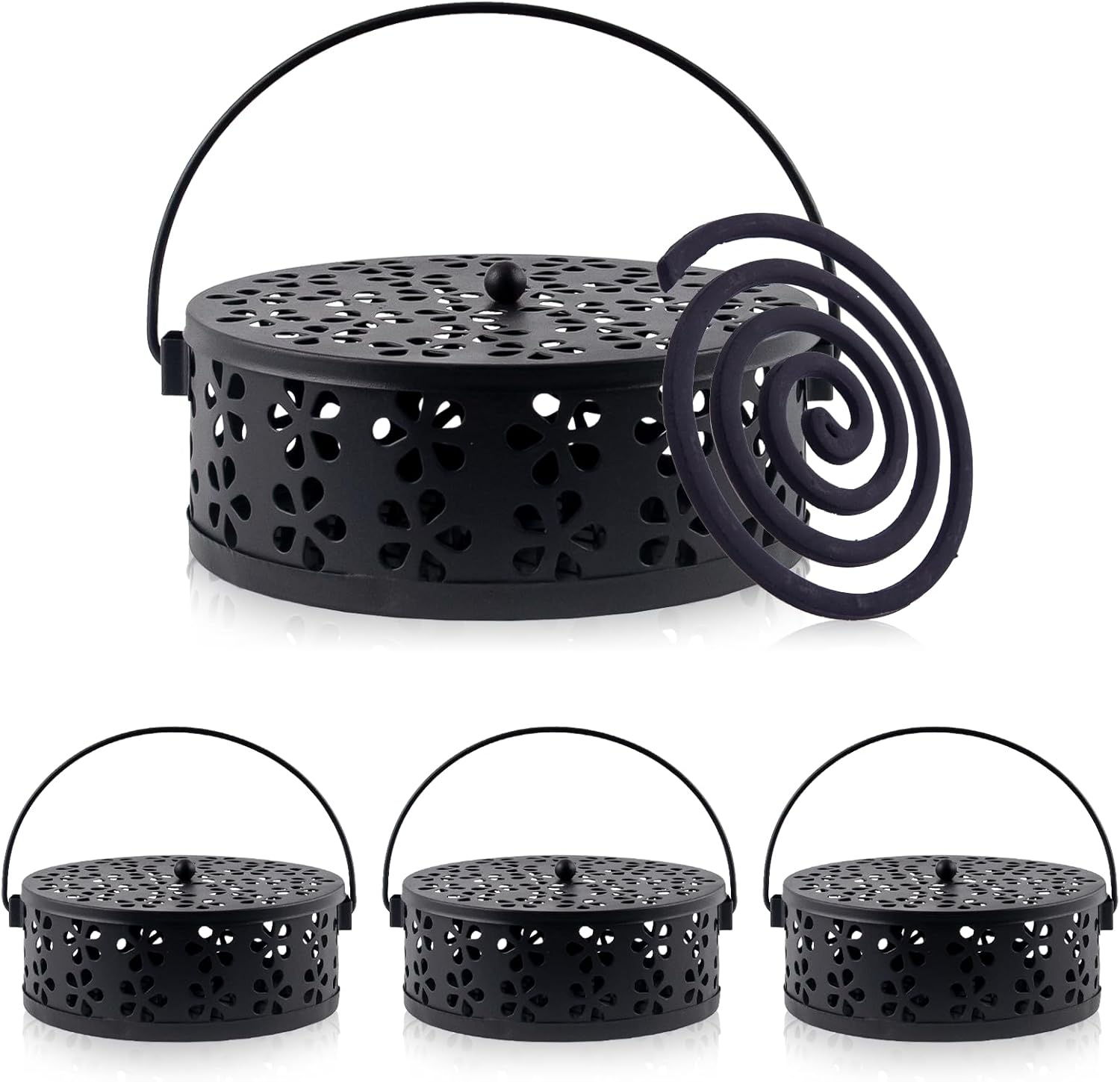 4 Pcs Mosquito Coil Holder Incense Coil Holder, Retro Iron Portable Hanging Outdoor Incense Burner Holder with Handle Round Metal Incense Holder for Home Camping Indoor Outdoor Patio (Black)