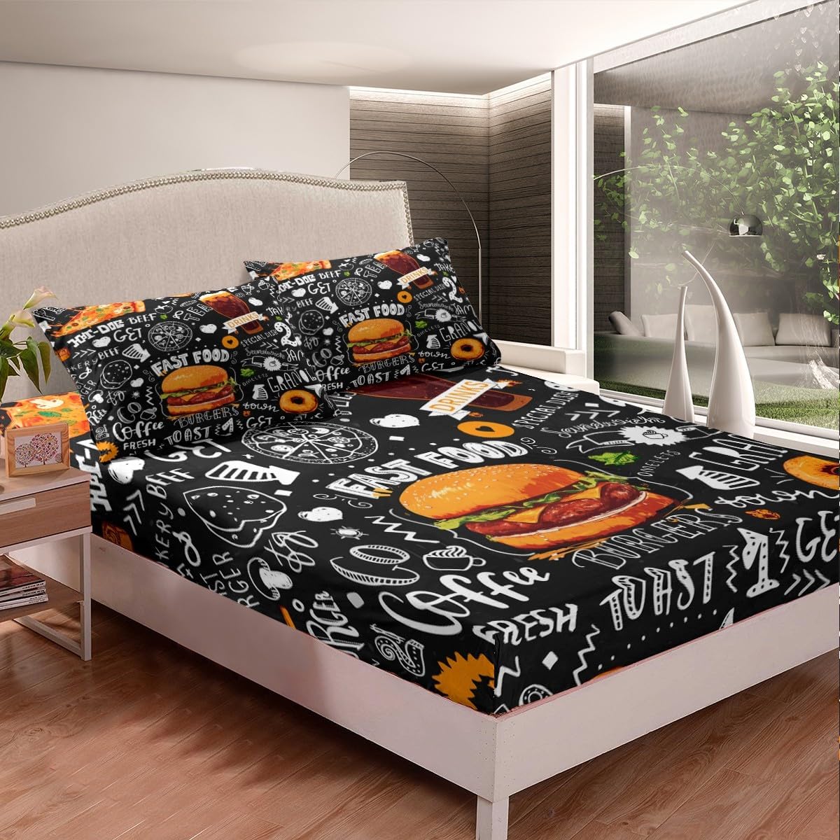 Feelyou Kids Fitted Sheet Pizza Hamburger Print Bedding Set for Boys Girls Children Cute Graffiti Pattern Bed Sheet Set Room Decor Queen Size 3Pcs