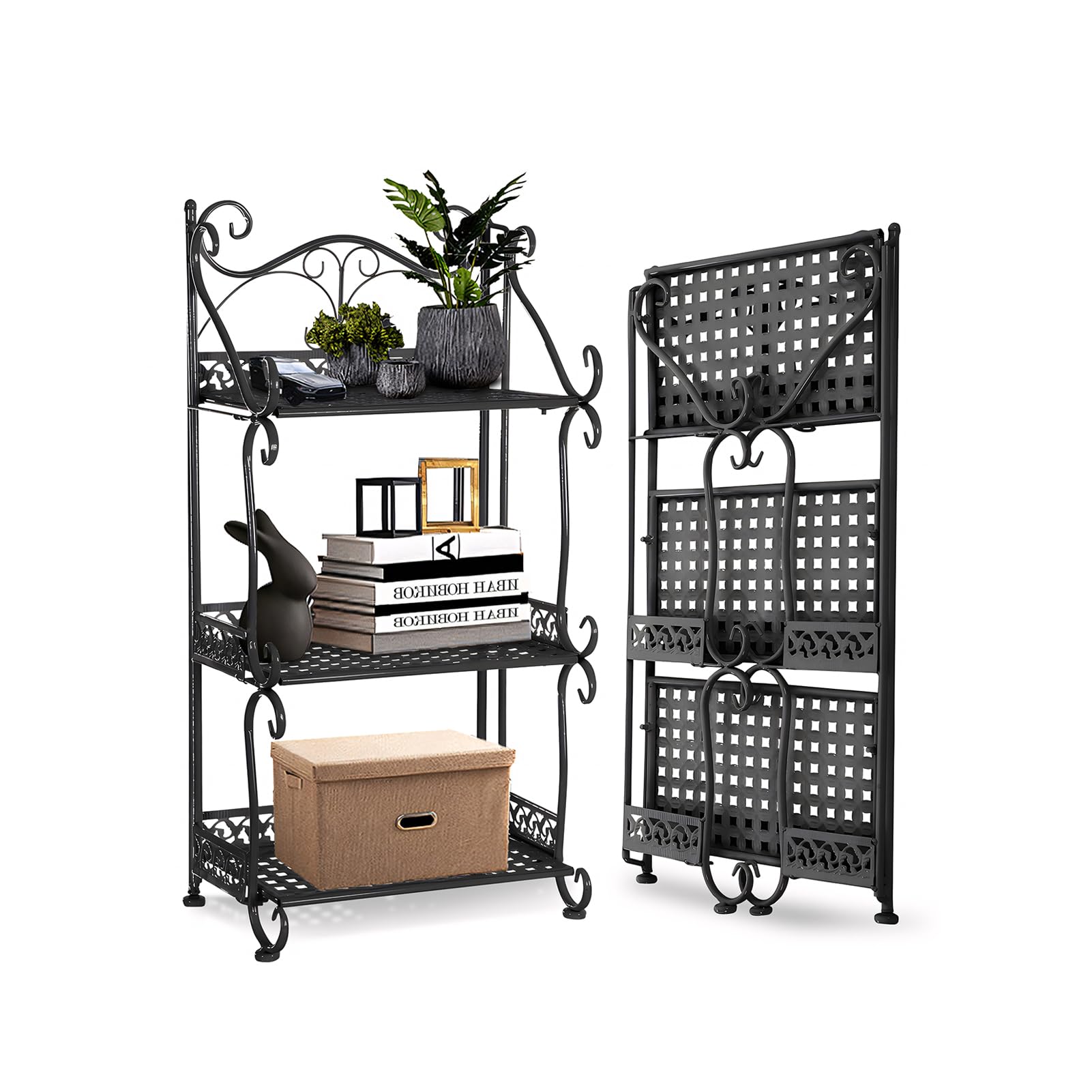 BTGGG 3 Tier Foldable Storage Shelves Free Standing Metal Pan Rack Plant Stand Storage Organiser Shelving Unit for Kitchen Bathroom Bedroom Garden Office, Black
