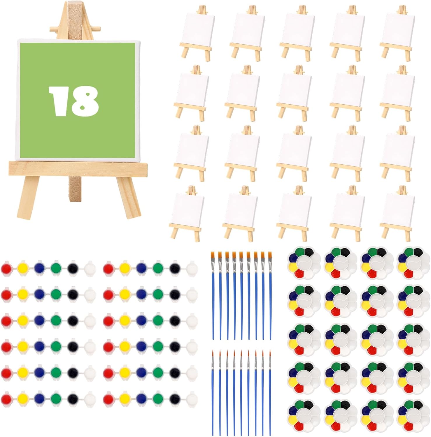 Unmasalu 18 Set Mini Acrylic Paint Kit,Comprising Stretch Canvas, Wooden Easel, Acrylic Paint Sticks, Palette, Flat and Round Pointed Brush, Art Set for Kids Classroom,Party, Festival Favors