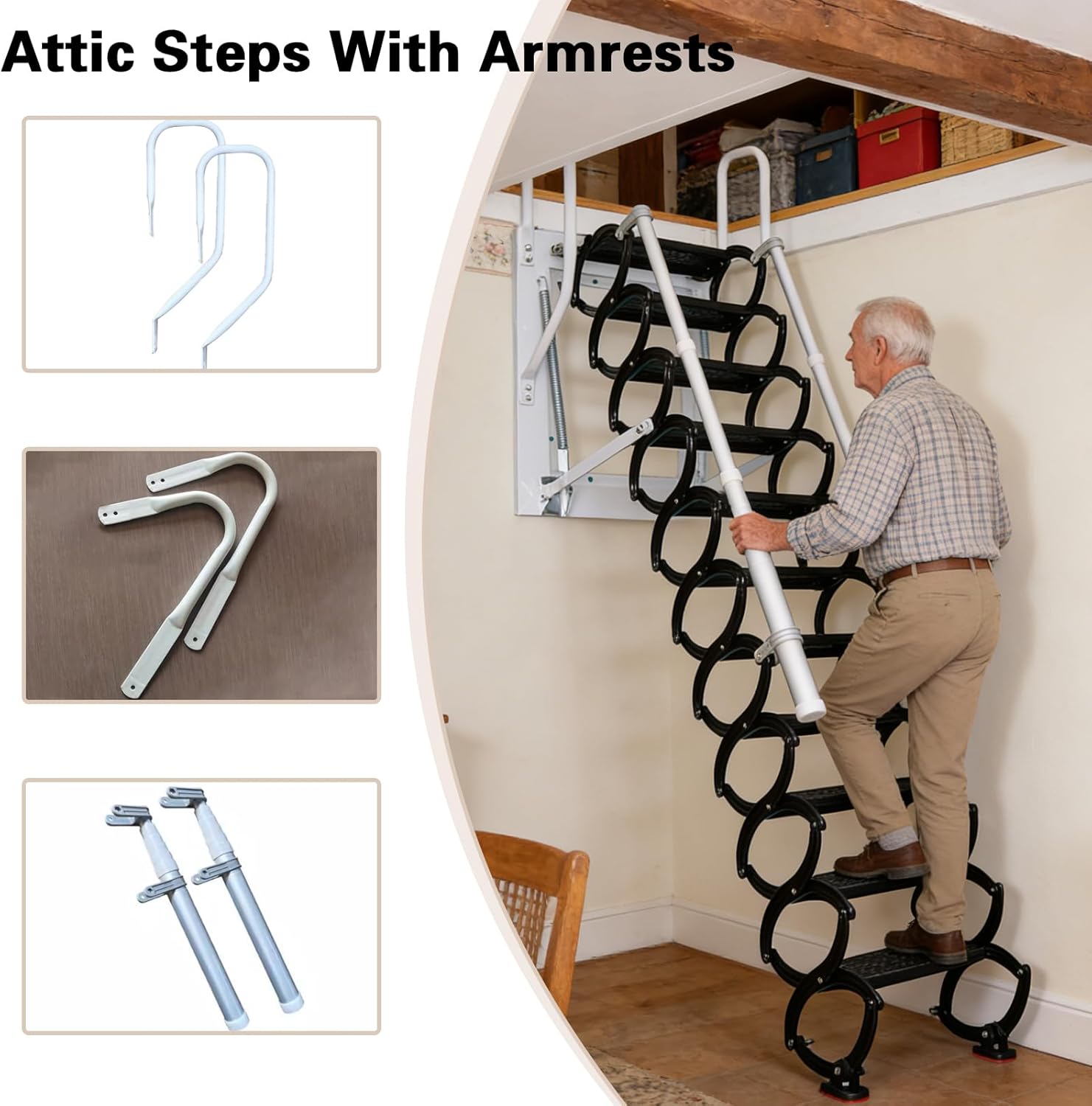 12 Steps Attic Stairs,Wall Mounted Folding Loft Ladder,Retractable Collapsible Stairs,Extension Steps Ladder with Armrests,Telescoping with Pulldown System (White, Step 12)