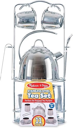 Miniatura 6 de Melissa & Doug Juego de té de acero inoxidable y estante de almacenamiento para niños (11 piezas)