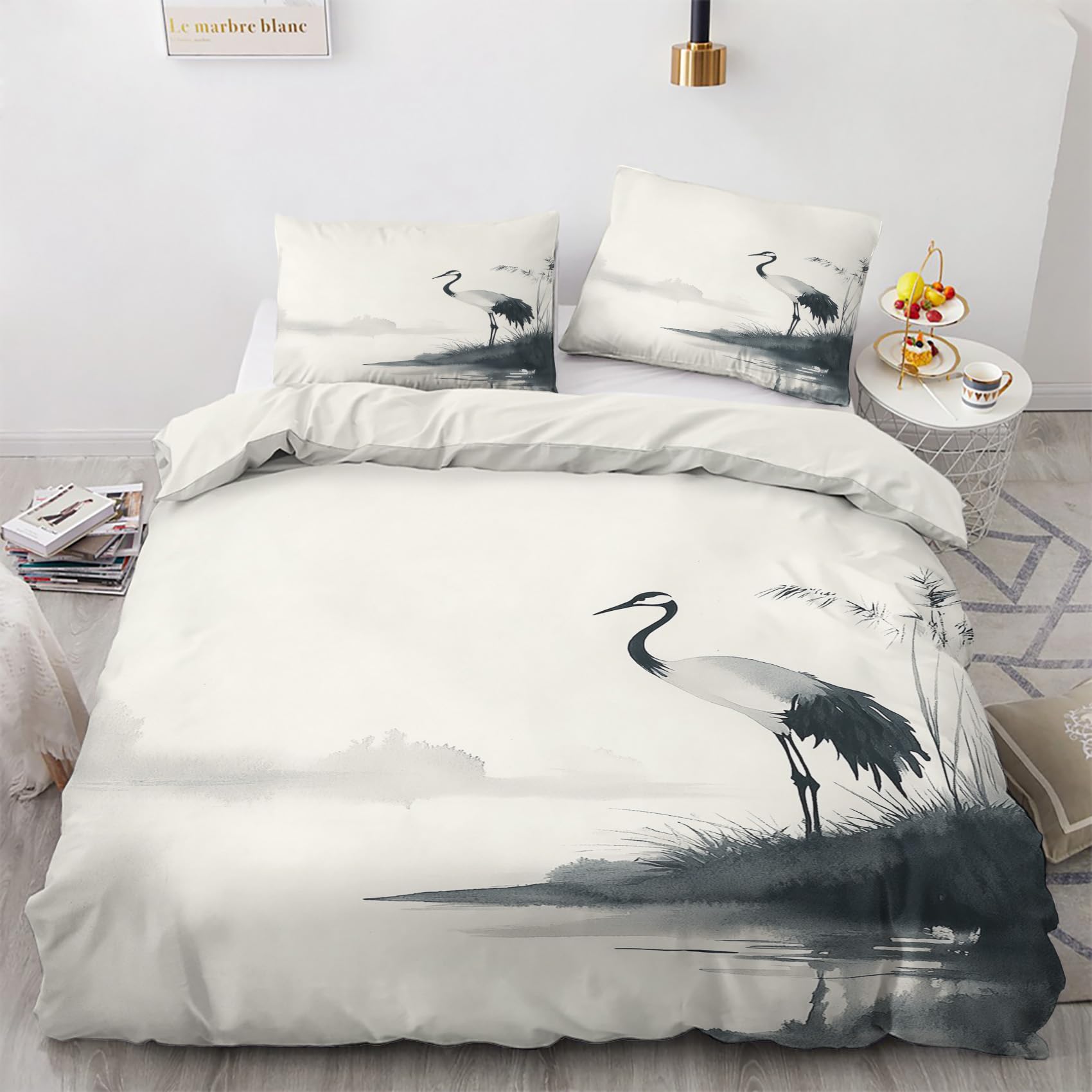 Nogawa Multicolor Japanese Crane Bedding Sets King Size - Oriental Asian Duvet Cover King Size, Reversible Quilt Cover & 2 Pillowcases With Zip And Ties, Ultra Soft And Breathable Brushed Microfibre Bed Set