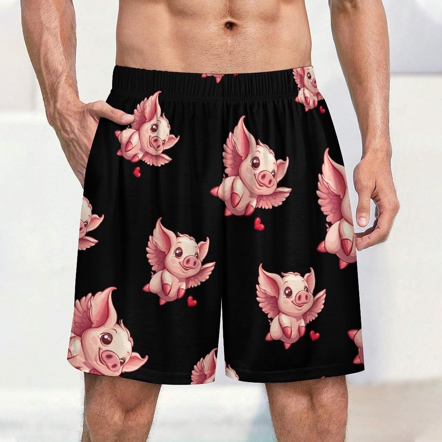 Funny Flying Pigs With Wings Mens Pajama Shorts Sleep Lounge Shorts Pj Bottoms with Pockets