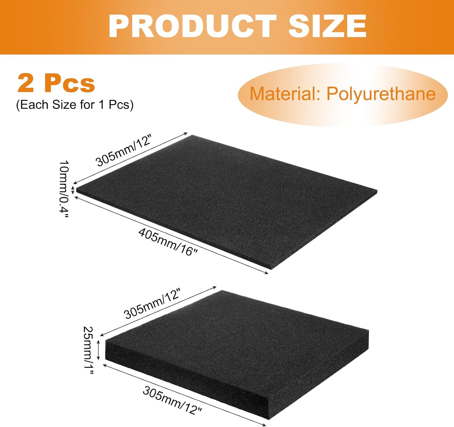 MECCANIXITY 2 Pcs Polyurethane Foam Inserts, 12"Lx12"Wx1"T & 16"Lx12"Wx0.4"T Cuttable Polyurethane Pick and Pluck Packing Sheets Cushioning Padding for Cases Tool Box Game Box Camera(Black)