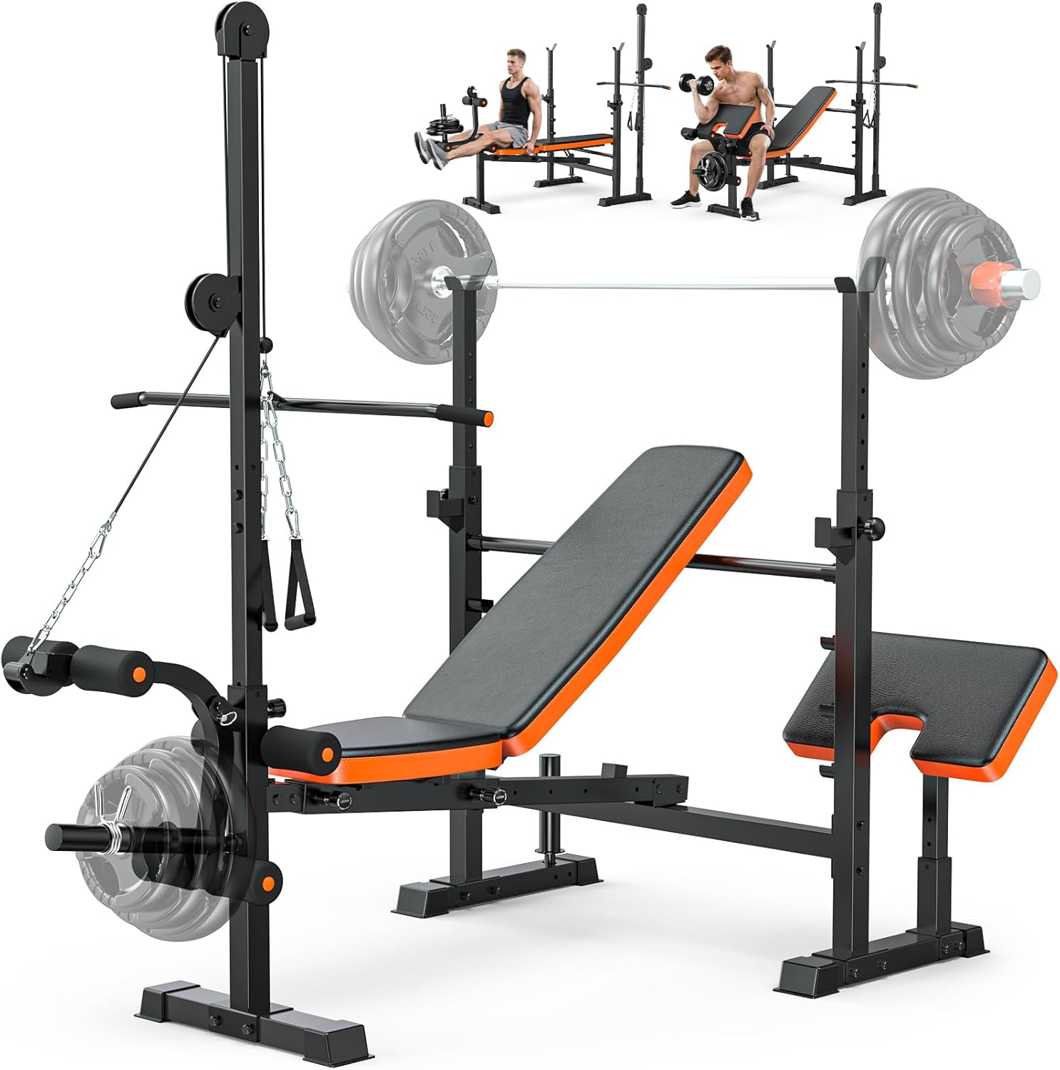 XDDIAS Bench Press Set, 880LBS Adjustable Weight Bench with Leg Extension and Preacher Curl Pad, 8 IN 1 Multi-Function Gym Bench with LAT Pulldown Pulley System, Full-Body Workout Home Gym Equipment