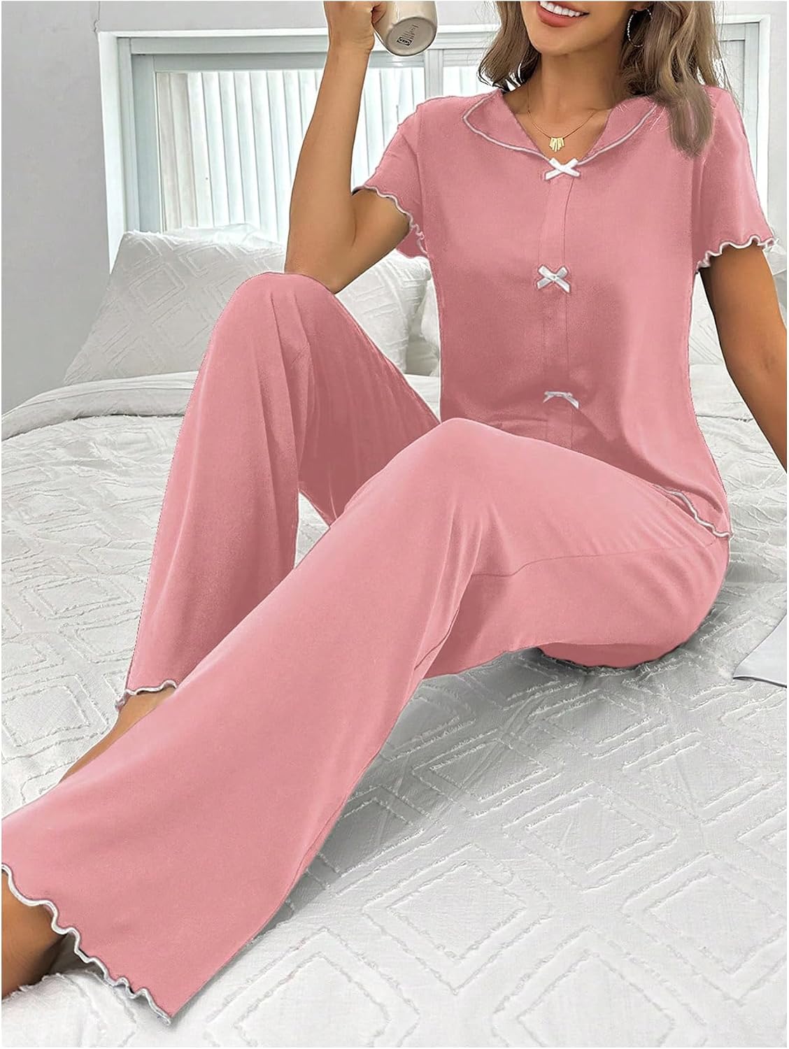 SOLY HUX Women's Pajama Set 2 Piece Sleepwear Bowknot Short Sleeve Top and Pants Pjs Loungewear