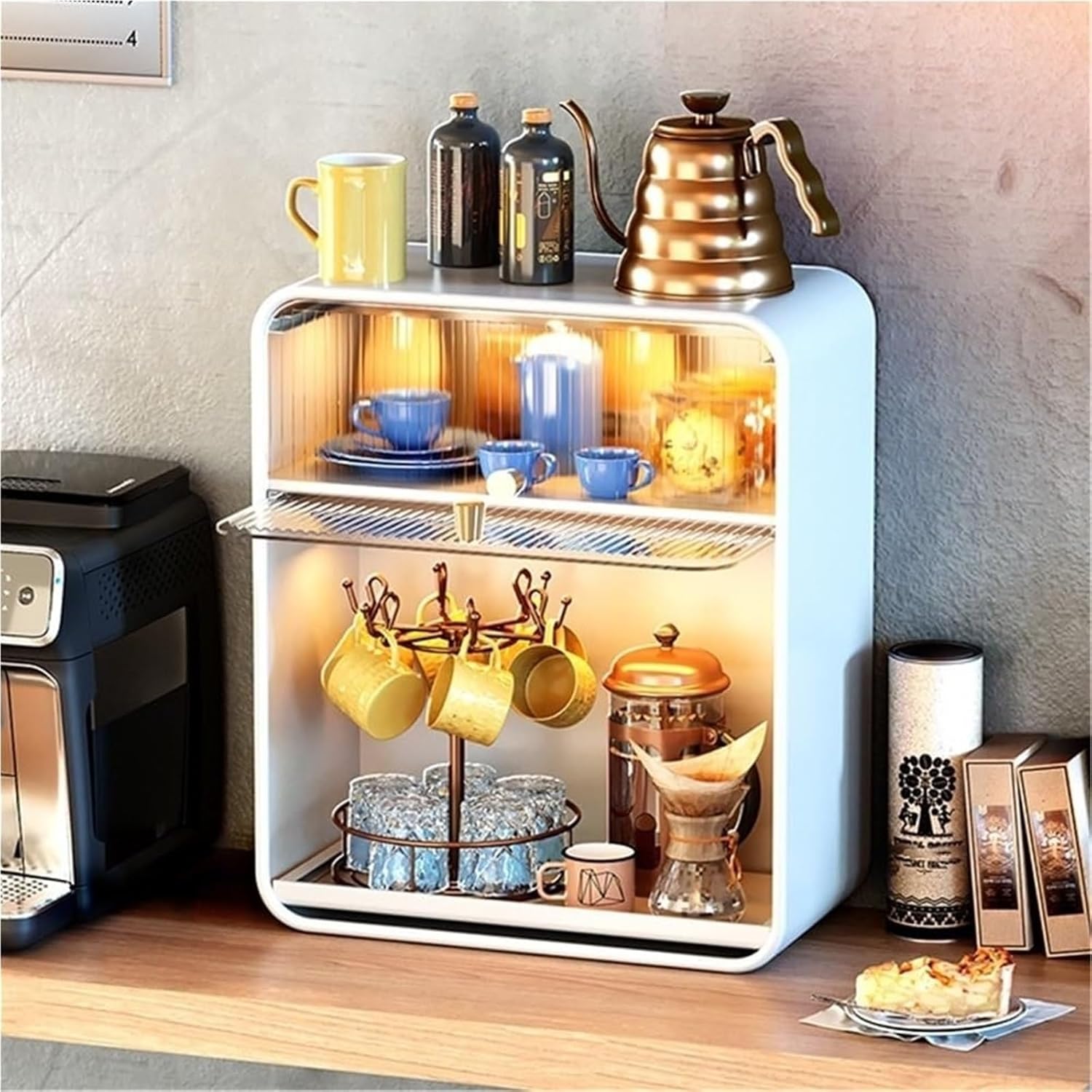 Storage Cabinet with Acrylic Door Snack Organizer Countertop Cup Rack Coffee Mug Holder for Kitchens Offices Long-Lasting，Black