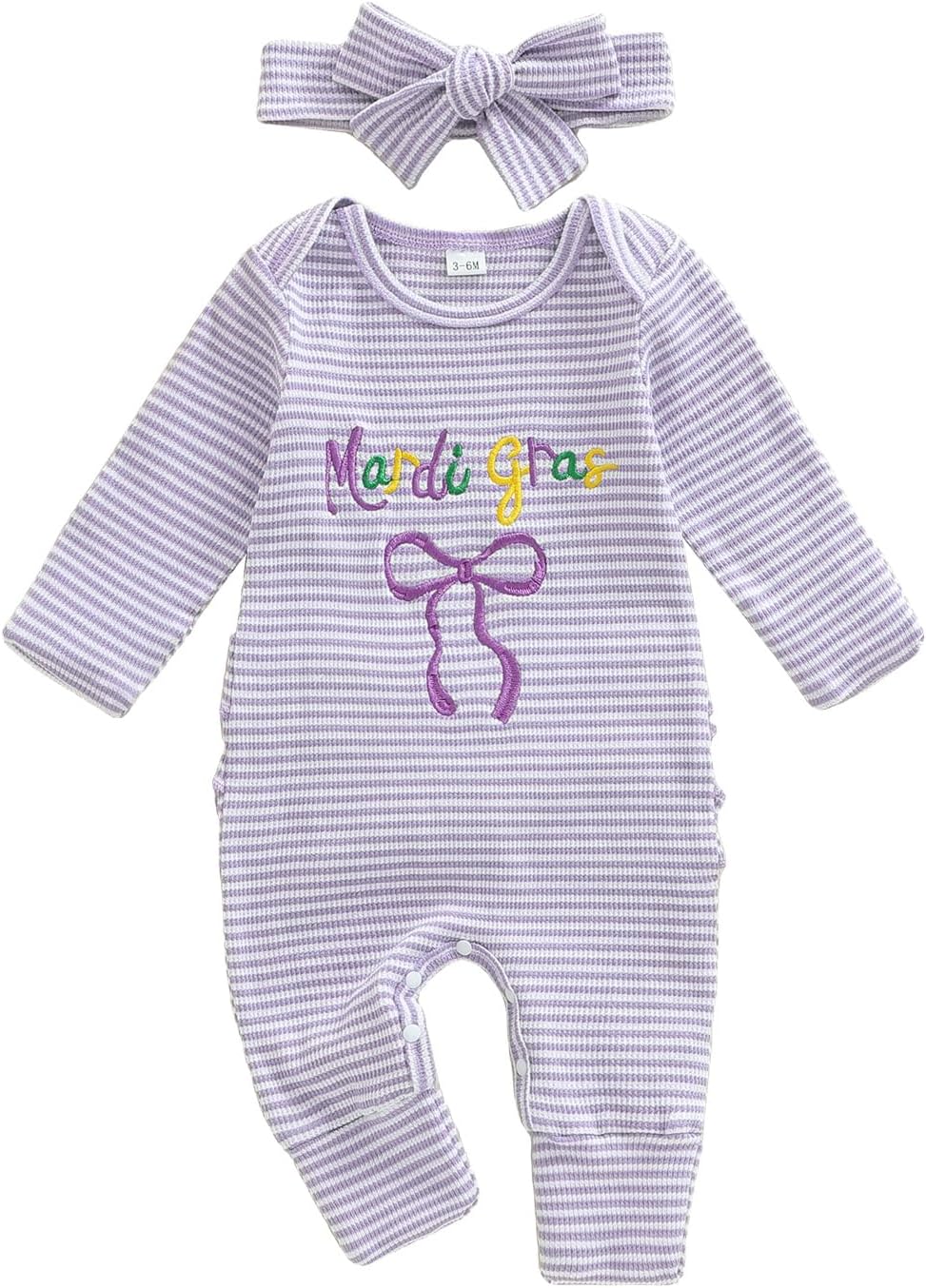 Newborn Girl Mardi Gras Outfit Letter Bow Long Sleeve Romper Jumpsuit One Piece Clothes Headband
