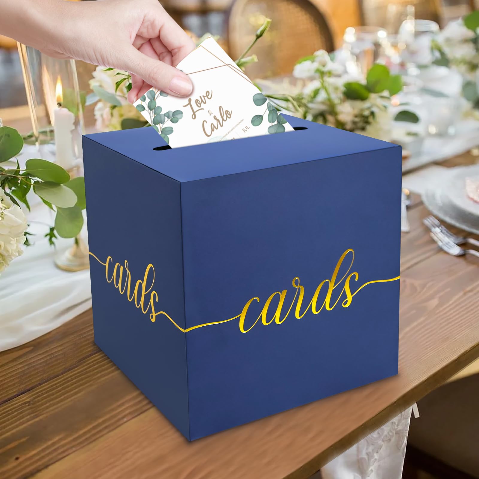 LIKAJON 1 Pack Navy Blue and Gold Foil Card Box for Party, 8.7