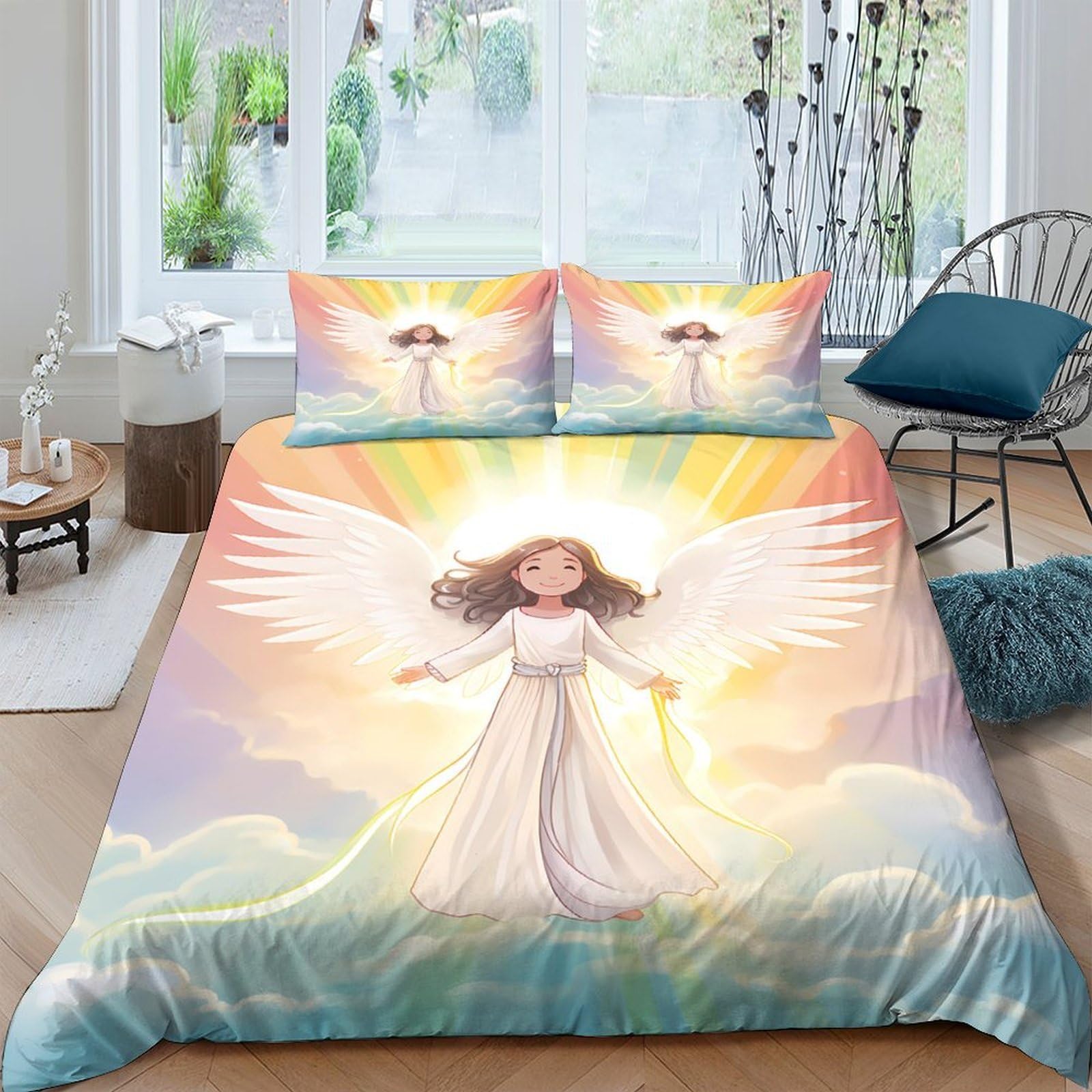 Ctjqhvkz Style-7 3D Printed Angel Sunrise Fitted Sheet Microfiber Soft Bedroom Decor Heavenly Wings Mattress Cover For Home Single（135X200cm）