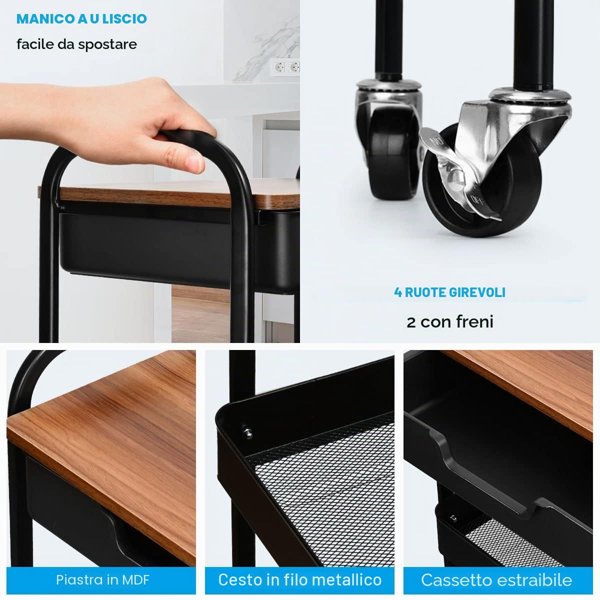 Shirvee Carrello a 3 Ripiani con Ruote e Cassetti Mobile Rotelle Salvaspazio Multifunzionale Storage Rack per Bagno Cucina (Nero)