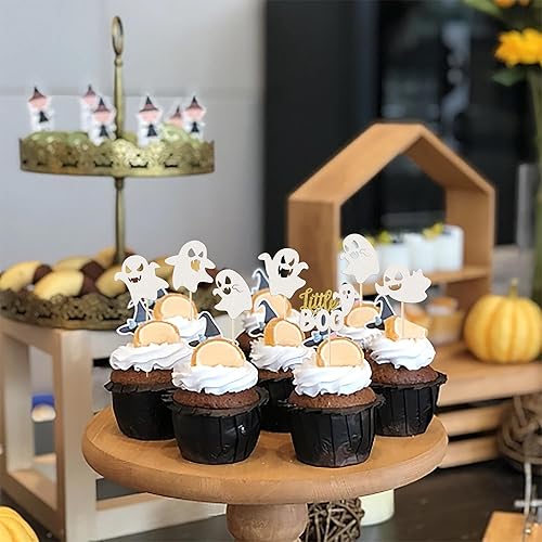 Miniatura 4 de Paquete de 24 adornos para cupcakes de fantasmas de Halloween con purpurina Little Boo Baby Shower para cupcakes, decoraciones para fantasmas de