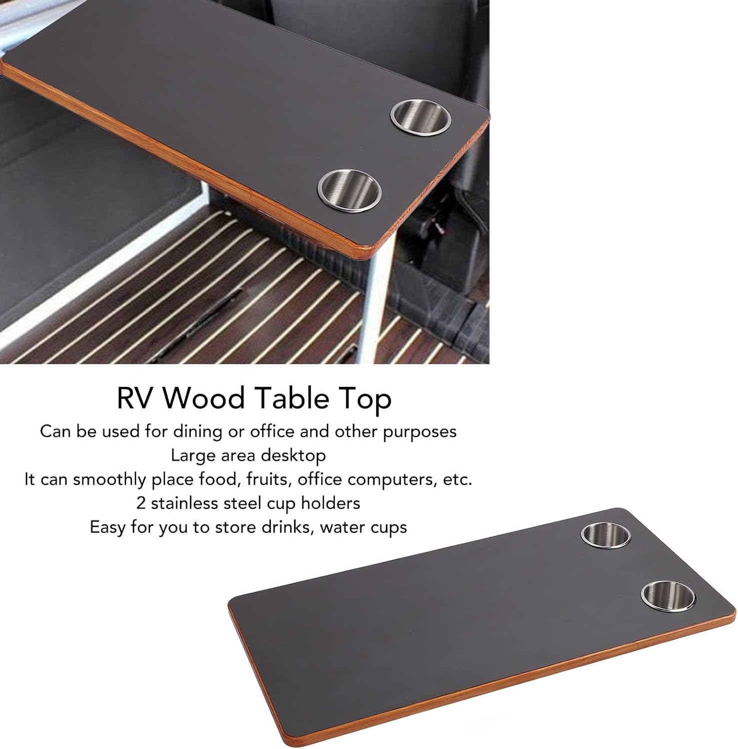 Aramox Black Wood Table Top 800 x 400mm RV Wood Table Top with 2 Stainless Steel Cup Holder for Yacht Deck Patio