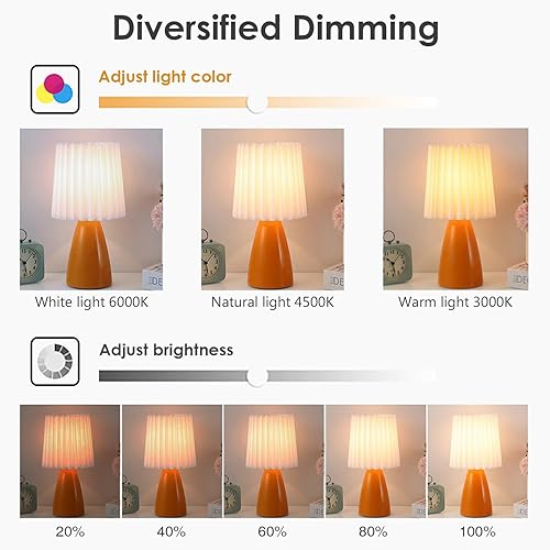 Miniatura 5 de Bonita lámpara de mesa pequeña y elegante, pantalla de tela plisada, base de cerámica, color de luz y brillo ajustables, alimentación por USB