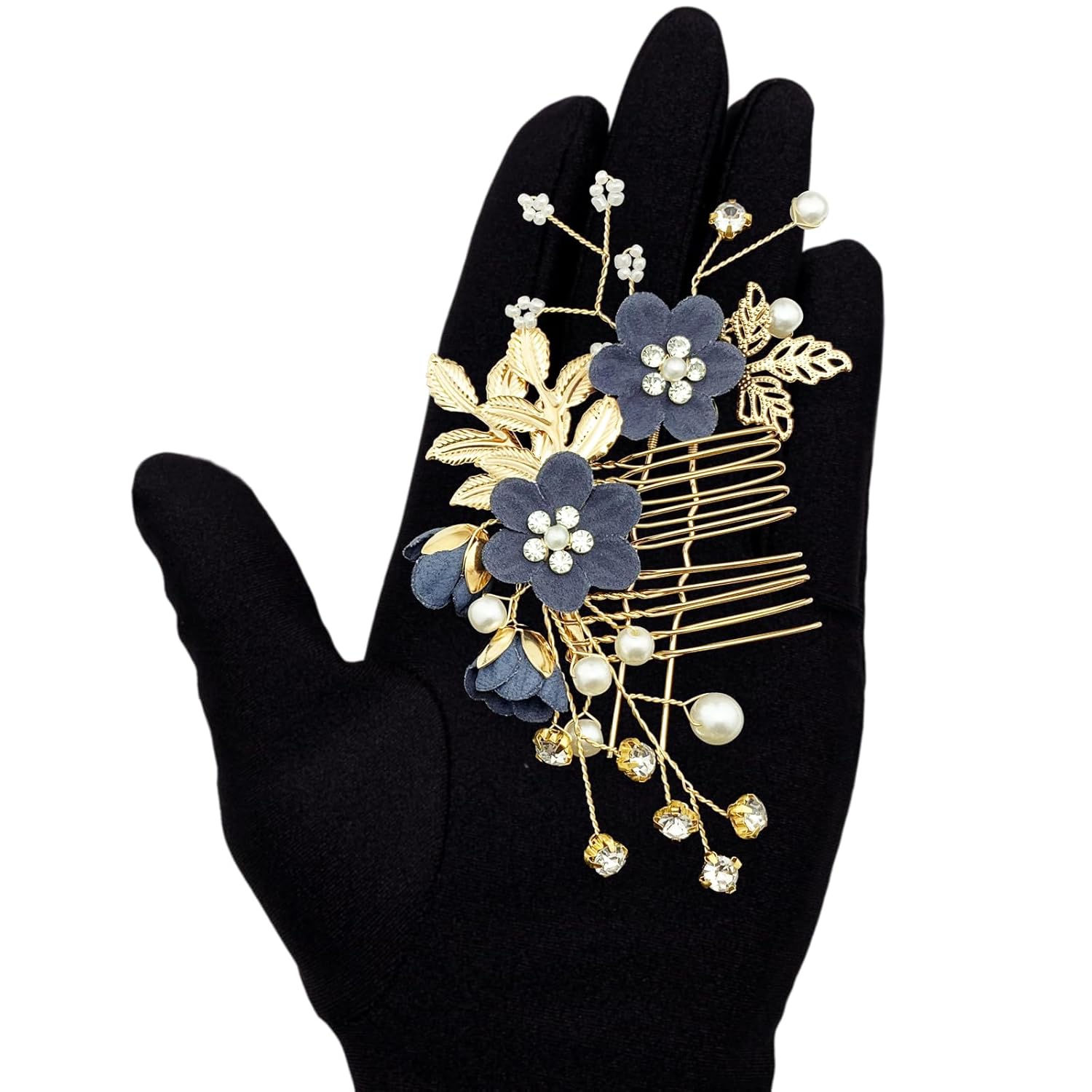 Wedding Flower Hair Pieces Set 4pcs Bridal Dark Blue Floral Crystal Pearl Gold Leaf Vine Hair Combs Pins Accessories for Women - Image 7