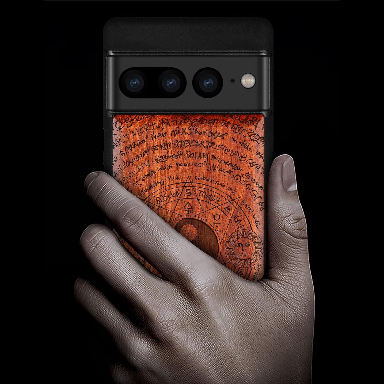 Carveit Wood Case for Pixel 7 Pro Case [Natural Wood & Black Soft TPU] Shockproof Protective Unique Wooden Cover Compatible with Google Pixel 7 Pro (Mysterious Yinyang-Rosy)