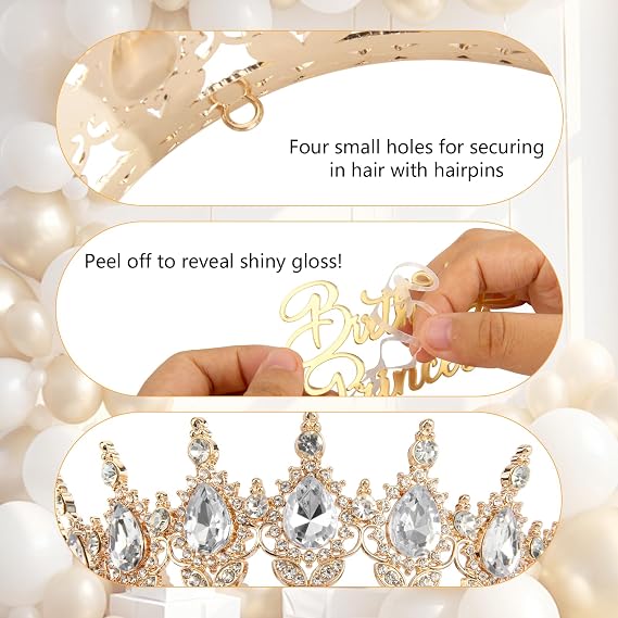 37 Crown Cake Topper Gold Cake Decorations for Women Birthday Crown | Balls Butterflies Golden Fan Leaf and Acrylic Card, For Princess Queen Birthday Wedding Party Decoration