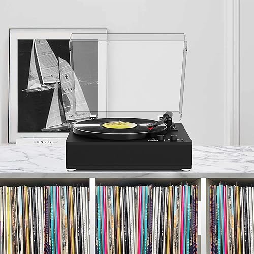 Miniatura 7 de Reproductor de discos de vinilo con transmisor inalámbrico de entradasalida Bluetooth, placa de tamaño completo, tocadiscos de 3 velocidades,