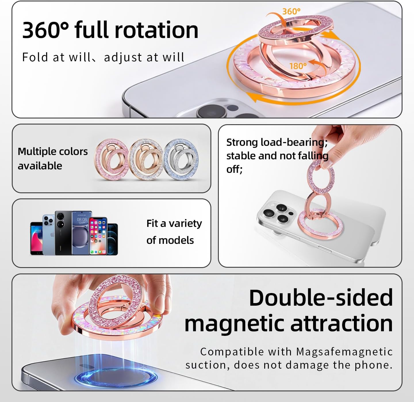 ANEWSIR for MagSafe Phone Grip Magnetic Phone Ring, for iPhone 12-17 Series, Stylish Glitter Silver Series (Glitter Rose Gold) thumbnail