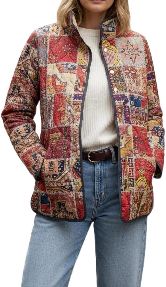 TIAFORD Women's Floral Printed Puffer Jacket Cardigan Cute Casual Loose Lightweight Padded Puffer Coat with Pockets