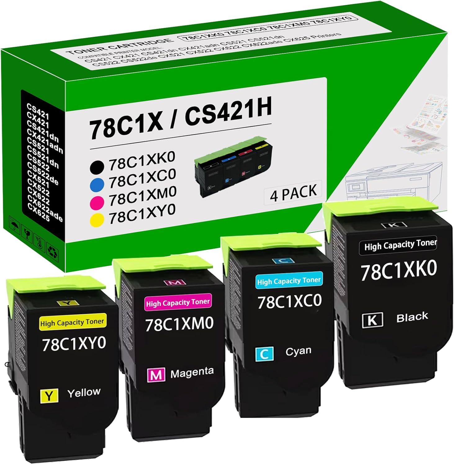 78C1X CX522 CS421 High Yield Toner Cartridge 78C1XK0 78C1XC0 78C1XM0 78C1XY0 Replacement for CS421 CX421 CS421dn CX421adn CS521 CS521dn CS522 CS522de CX521 CX522 CX622 CX622ade CX625 Printer