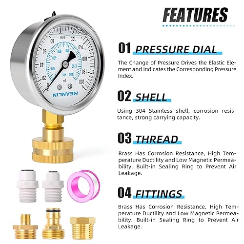 Miniatura 5 de MEANLIN MEASURE Marco de acero inoxidable de 0  200 psi, kit de manómetro relleno de líquido hembra de 34 pulgadas más 5 adaptadores, dial de cara