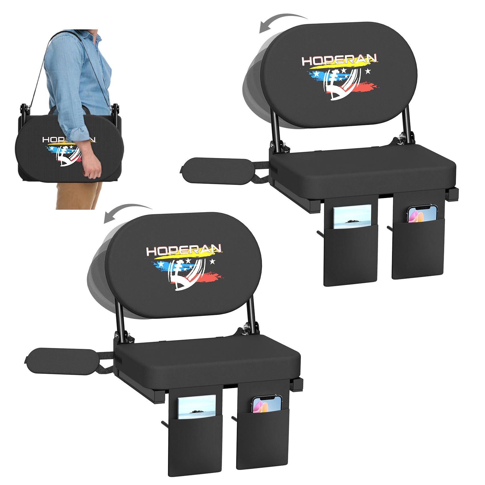 HOPERAN Stadium Seats with Back Support – 270° Foldable Rotating Padded Bleacher Chair, Non-Slip Hooks, Lightweight Portable with Shoulder Strap,