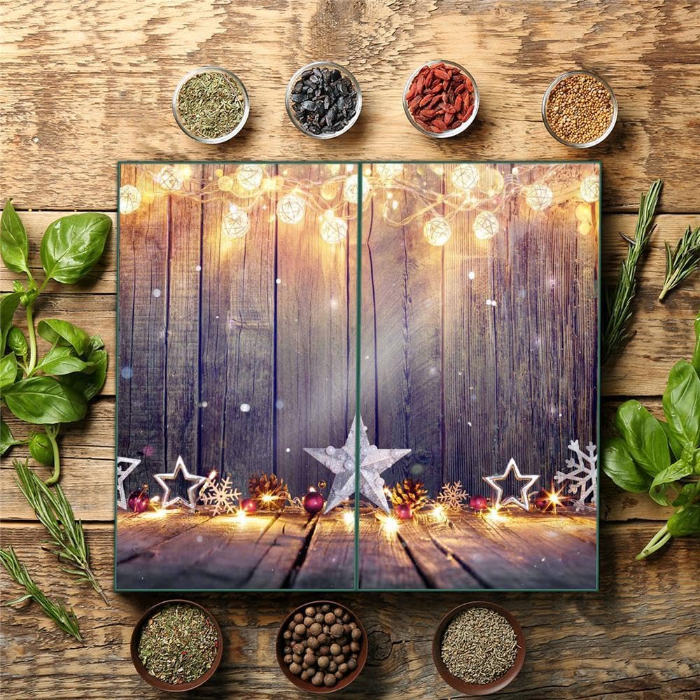 Herdabdeckplatte Abdeckung Ceranfeld Abdeckplatte Schneidebrett 2-Teilig 60x52 Winterbeleuchtung Gold Spritzschutz Glasplatte Ceranfeldabdeckung Herdschutz Sicherheitsglas Glasschneidebrett 2x30x52