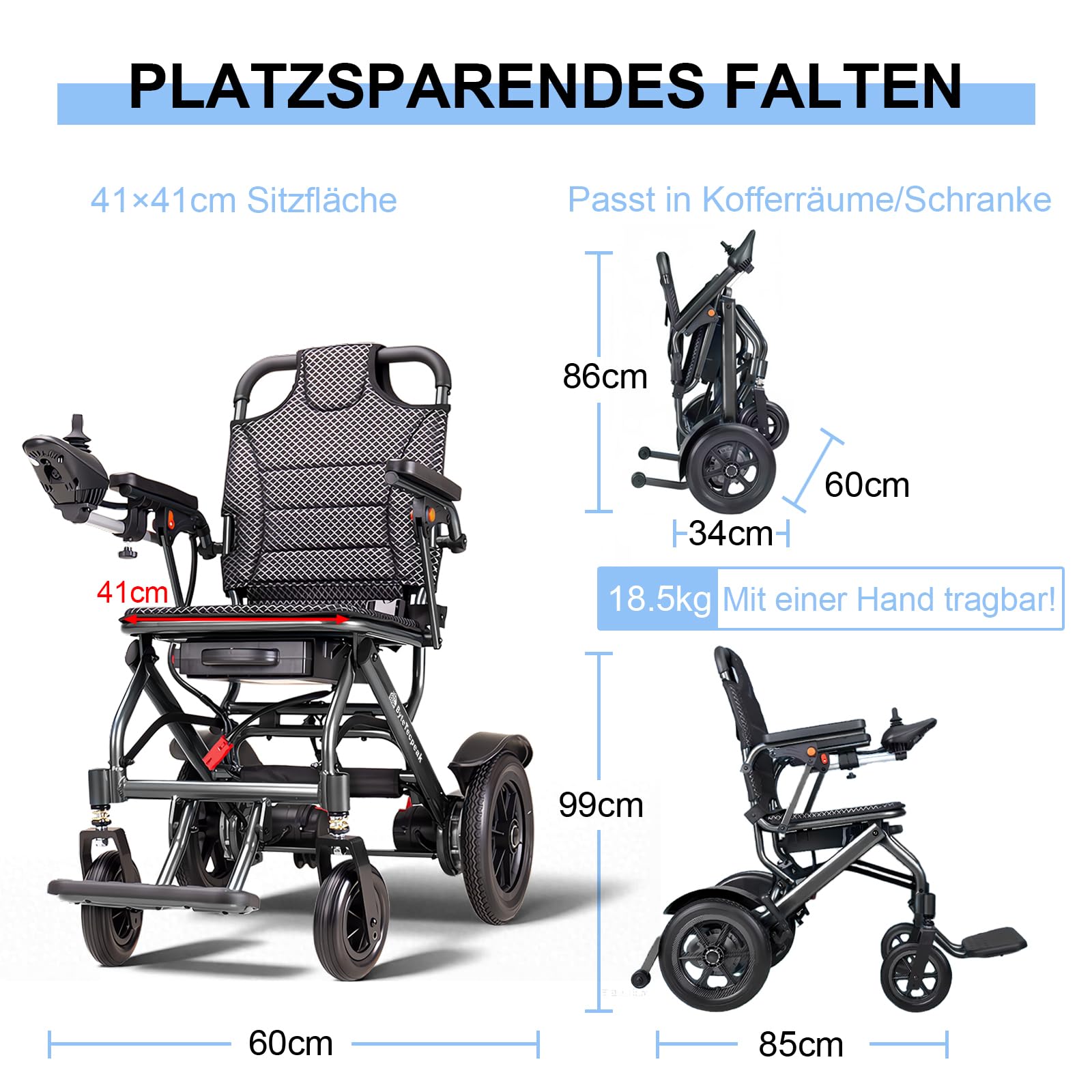 D04 Kompakter faltbarer Elektrorollstuhl mit 500W starkem Motor, 10Ah abnehmbarer Batterie, 20 km Reichweite, 150 kg Tragkraft, Carbon-Alu-Rahmen, geeignet für jede Geländeart