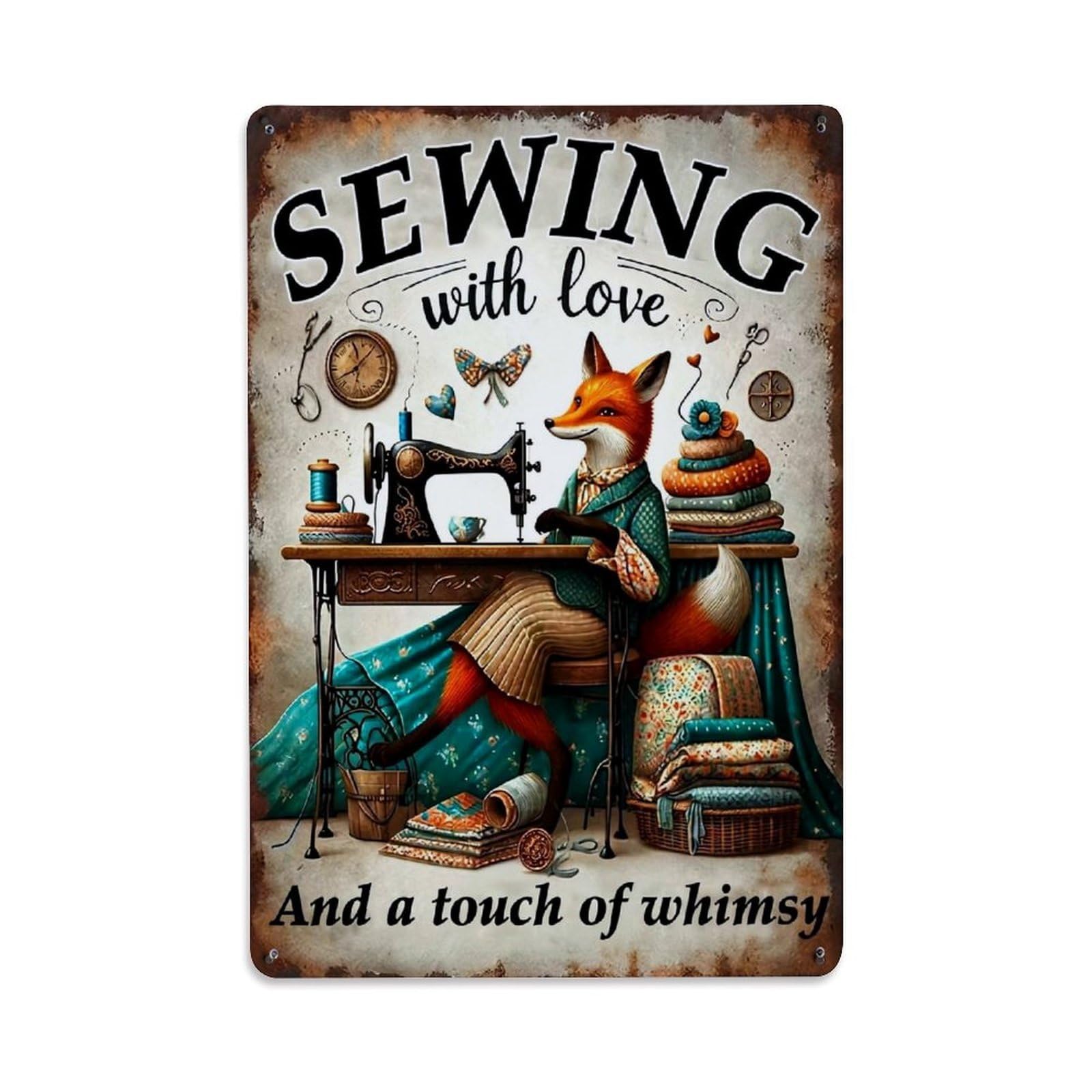 Jdfenggu Vintage Sewing With Love Whimsy Fox Retro Metal Tin Sign, Metal Poster For Bar, Home, Man Cave, Kitchen, Laundry Room Art Decor 8X12 Inch