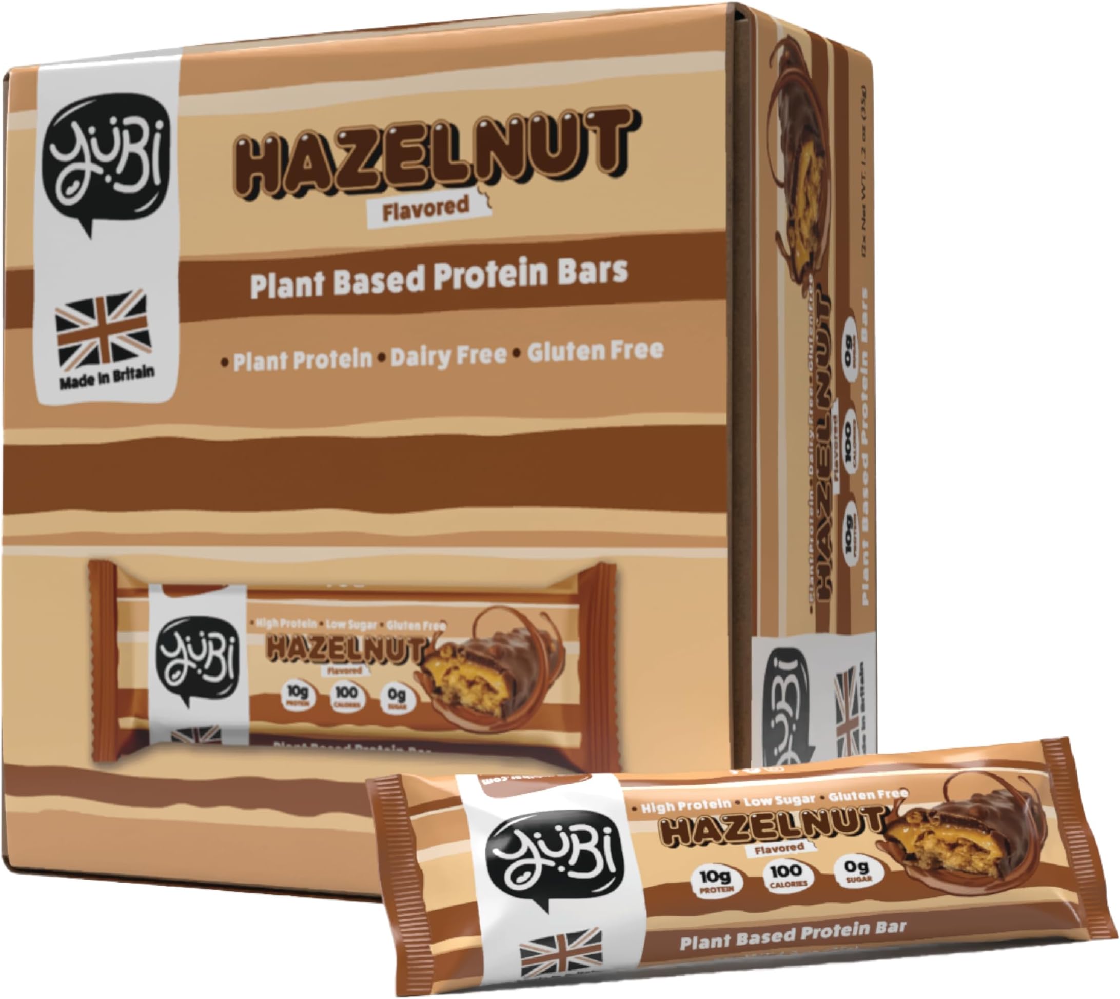 Yubi Bar Hazelnut Protein Bar - 12 Pack | Healthy Snack | 99 Calories, High Protein & Fibre, Low Sugar | Gluten-Free, Dairy-Free, Plant-Based UK BRAND