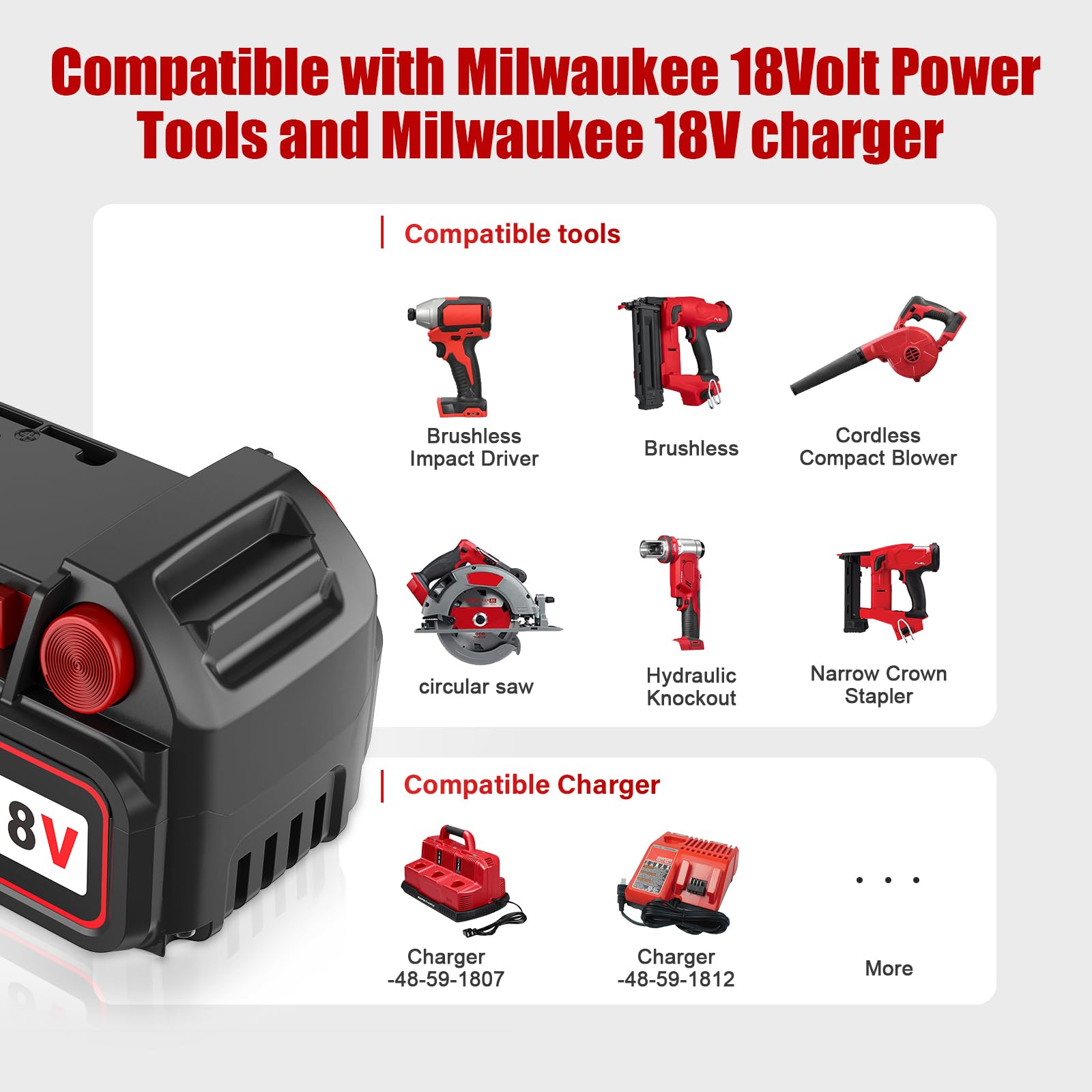 Confezione da 2 batterie da 18 V 8,0 Ah con caricatore di ricambio per batterie Milwaukee M-18 | Caricatore rapido ad alta capacità, 12 V e 18 V, compatibile con utensili elettrici Milwaukee 18 V