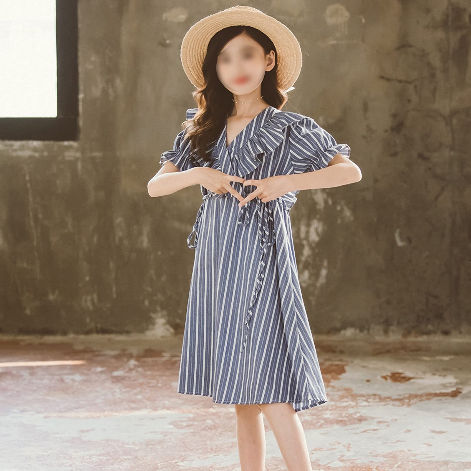 Vestido para niñas, Vestido de Princesa con Volantes a Rayas de Verano, Falda de Vacaciones en Playa con Mangas abullonadas de Encaje para niños medianos y Grandes