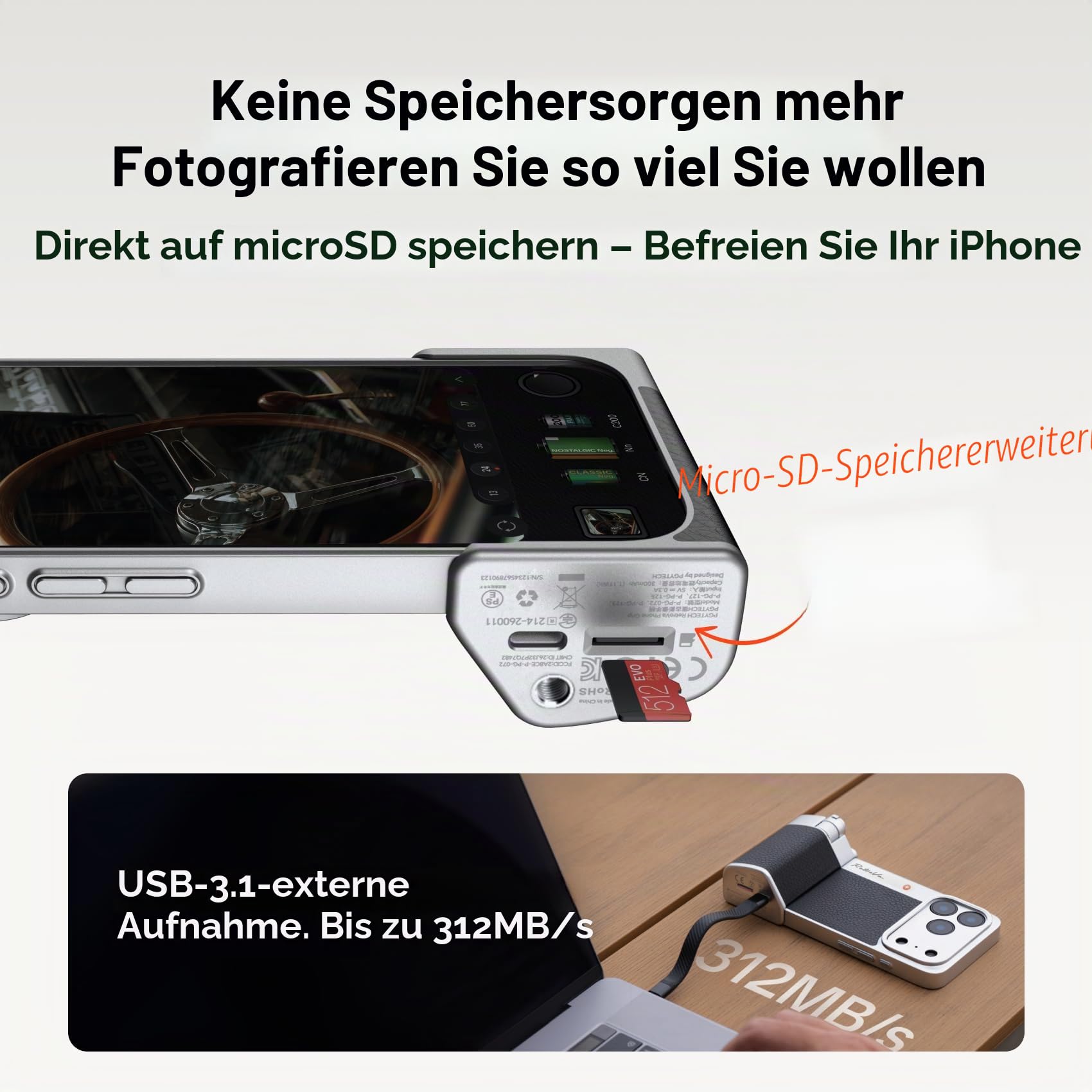 PGYTECH RetroVa Grip & 2X Teleobjektiv Kit für iPhone 17 Pro, mit 2X Teleobjektiv, Vintage-Handyhülle, Bluetooth Smartphone-Griff, MicroSD-Slot, 1/4"-20 Gewinde