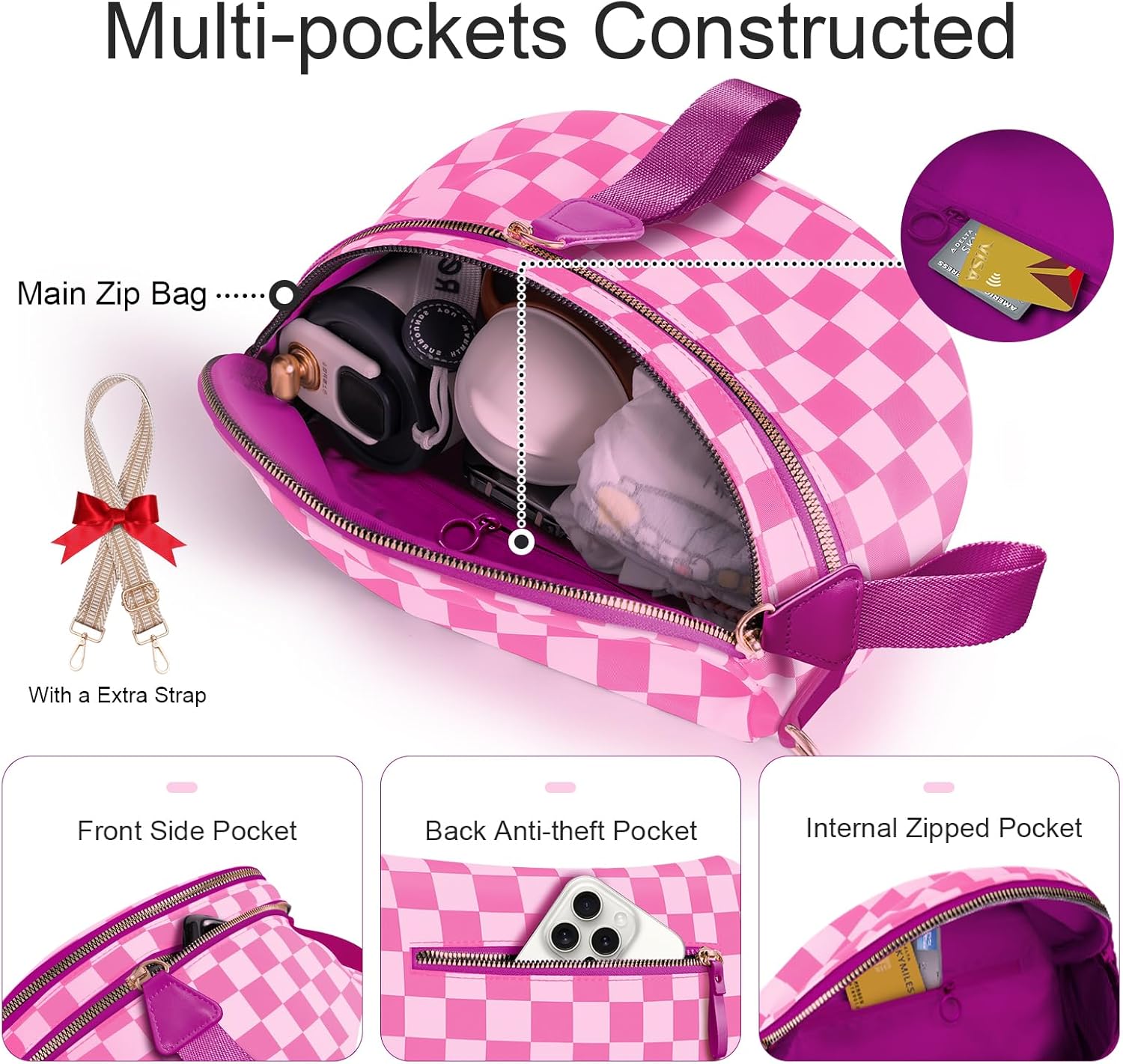 Bum Bags for Women Checkered Crossbody Bag Large Nylon Belt Purse Fanny Packs, Bonus with a Extra Strap - Image 4