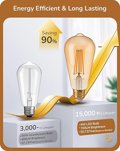 Miniatura 5 de EDISHINE Paquete de 12 bombillas LED Edison vintage equivalentes a 8 W equivalentes a 60 W, ST64 bombillas LED regulables, 700 lúmenes, 2200 K, luz