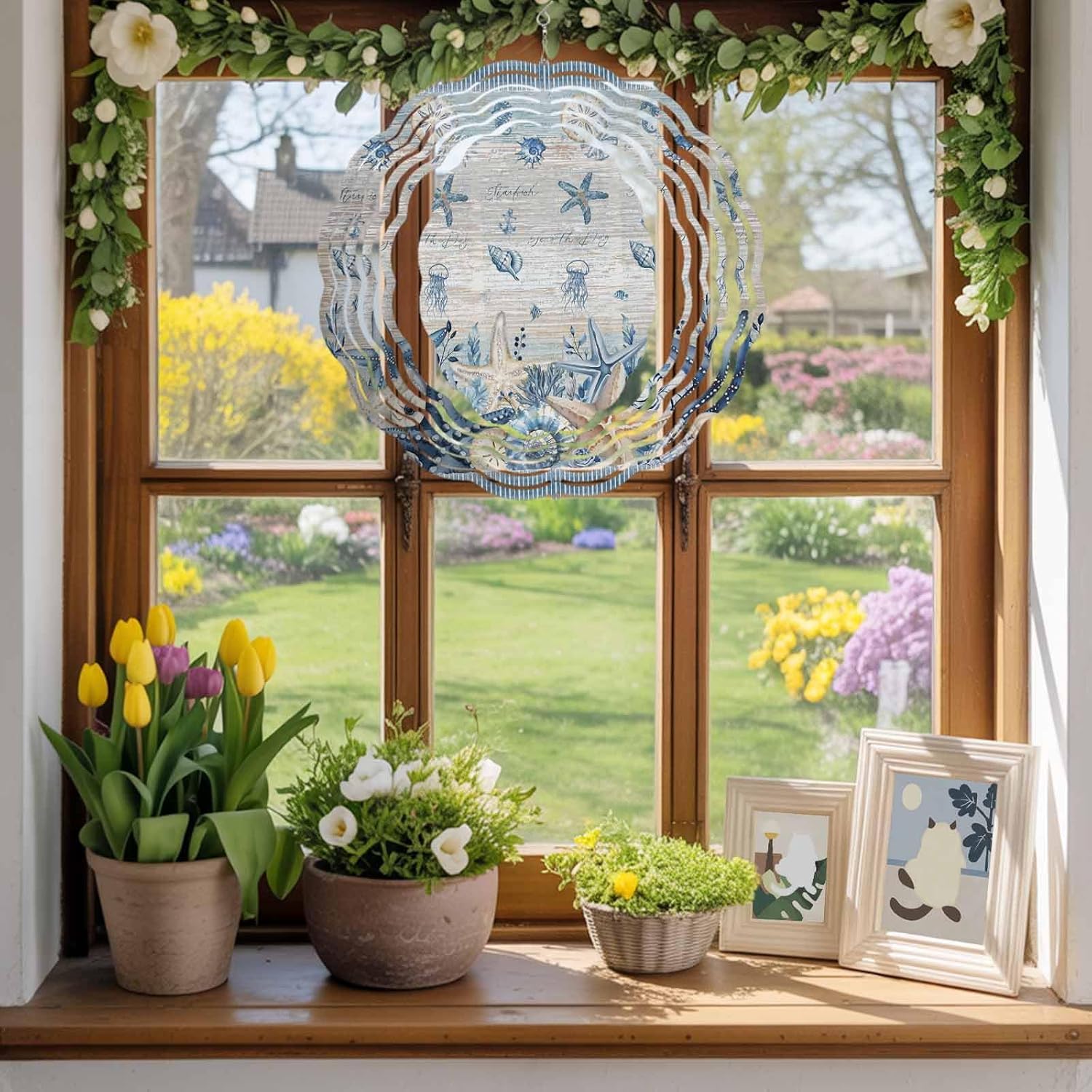 Blue Ocean Starfish Shell Wind Spinner for Garden Yard 3D Stainless Steel Hanging Wind Spinners, Summer Nautical Conch Jellyfish Spinners Outdoor Metal Decor for Lawn Patio Home