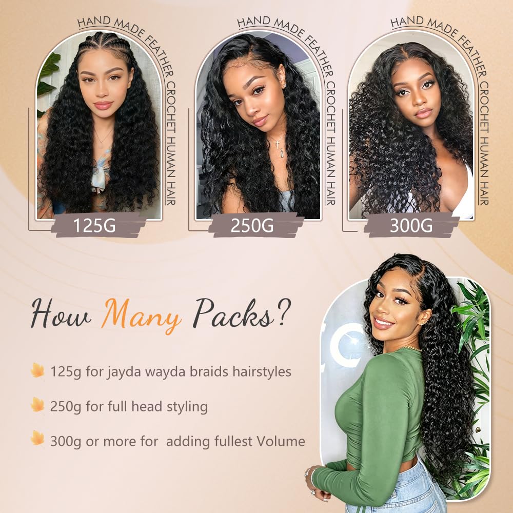 Miracle Knots Crochet Human Hair 18 Inch 125g Deep Wave Human Crochet Hair for Black Women Knotless 100 Strands Reusable Pre-Separated Feather Crochet Human Hair Natural Black
