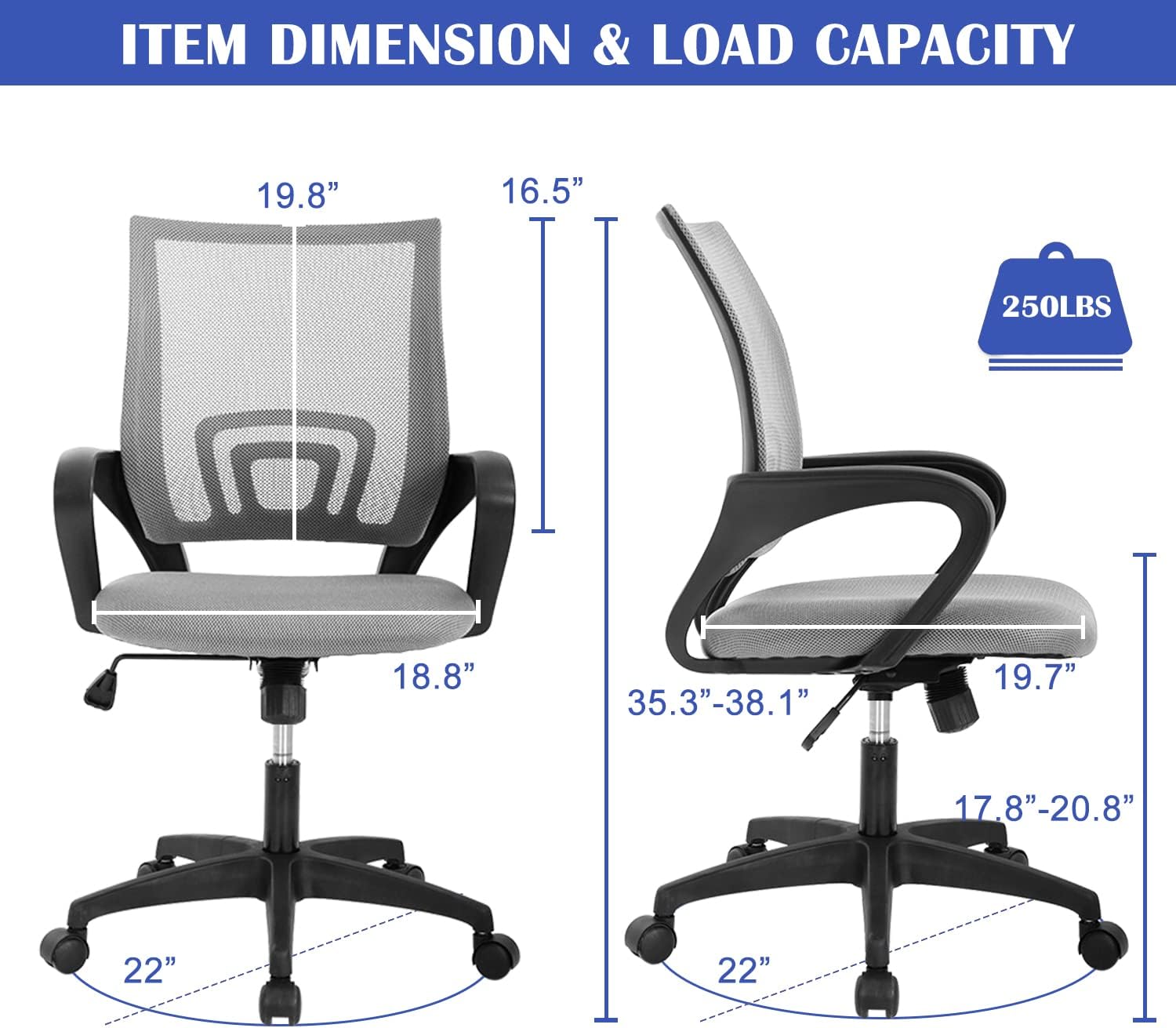Mesh Office Chair Desk Chair, Mid Back Computer Chair Ergonomic Office Chair with Wheels & Lumbar Support, Adjustable Rolling Swivel Office Chairs PC Chair Teacher Chair Work Chair for Adults, Grey