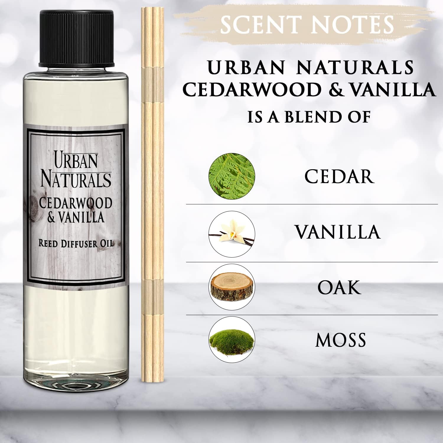 Urban Naturals Cedarwood & Vanilla Reed Diffuser Refill, 4 oz, Bundle with Cedarwood & Vanilla Reed Diffuser Set - Made with Essential Oils in The USA