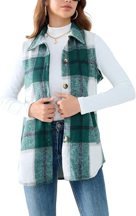 Unidear Womens Flannel Plaid Vest Sleeveless Button Down Shirt Jacket with Pockets